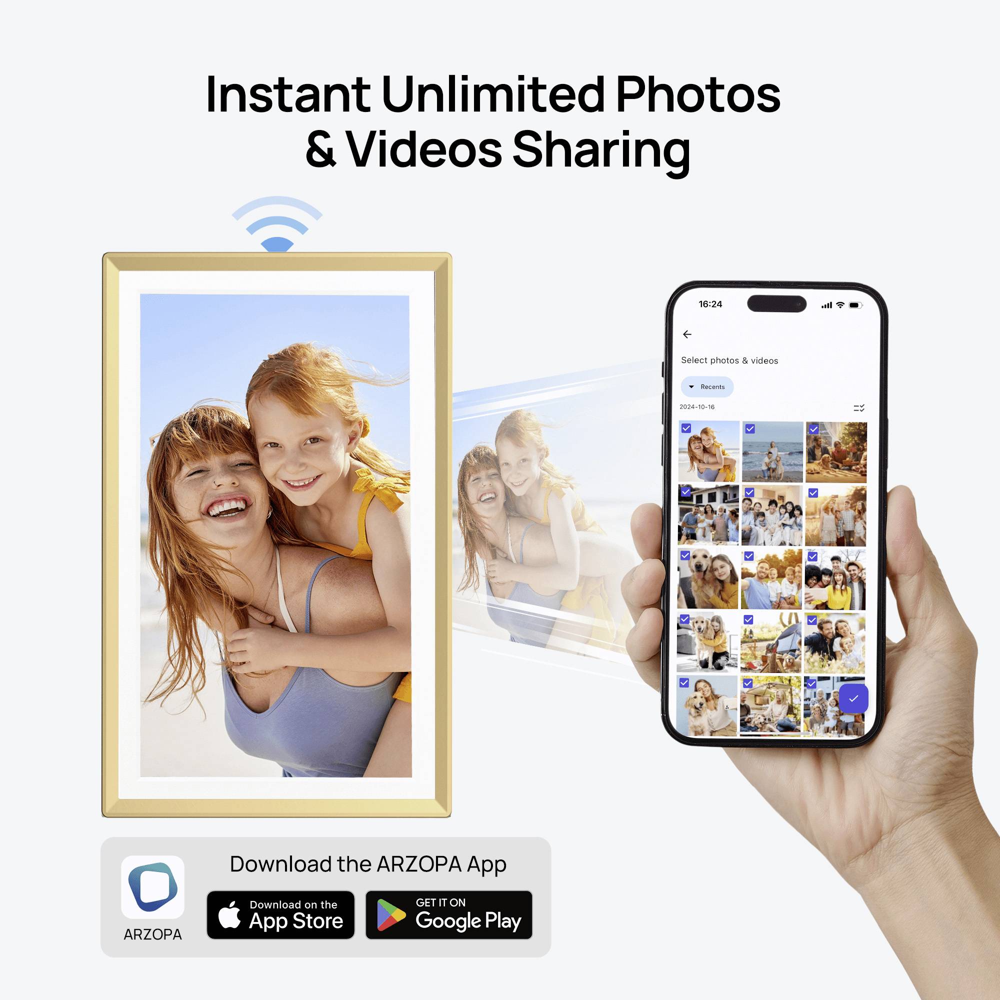 A digital frame displays a smiling pair. A hand holds a phone showing photo thumbnails. Text: 'Instant Unlimited Photos & Videos Sharing'.