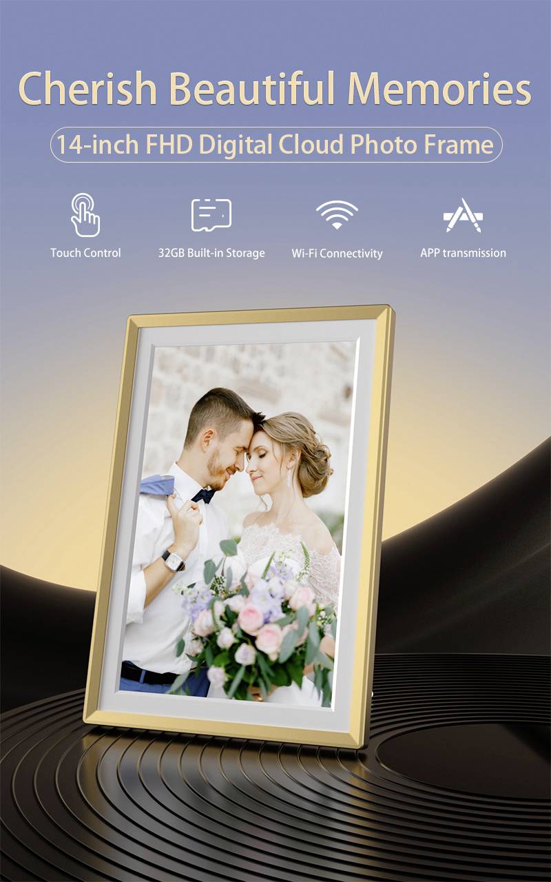 A digital cloud photo frame displaying a couple on their wedding day. Features include touch control, 32GB storage, and Wi-Fi connectivity.