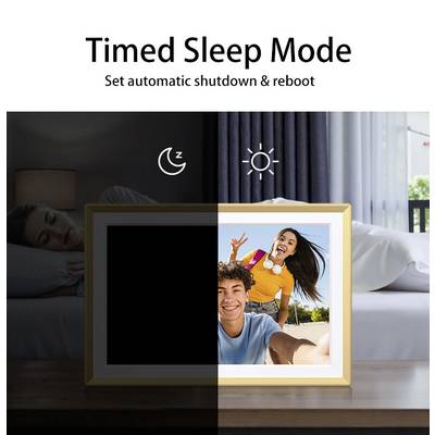 'Timed Sleep Mode' feature showing a digital photo frame. Left side depicts night mode with a black screen; right side shows daytime with a smiling couple’s photo.