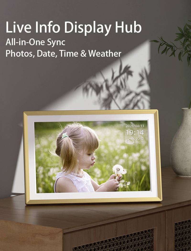 'A digital photo frame displays a girl blowing dandelions, with text showing date, time, and weather. Titled: Live Info Display Hub.'
