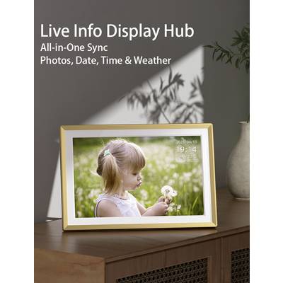 'A digital photo frame displays a girl blowing dandelions, with text showing date, time, and weather. Titled: Live Info Display Hub.'
