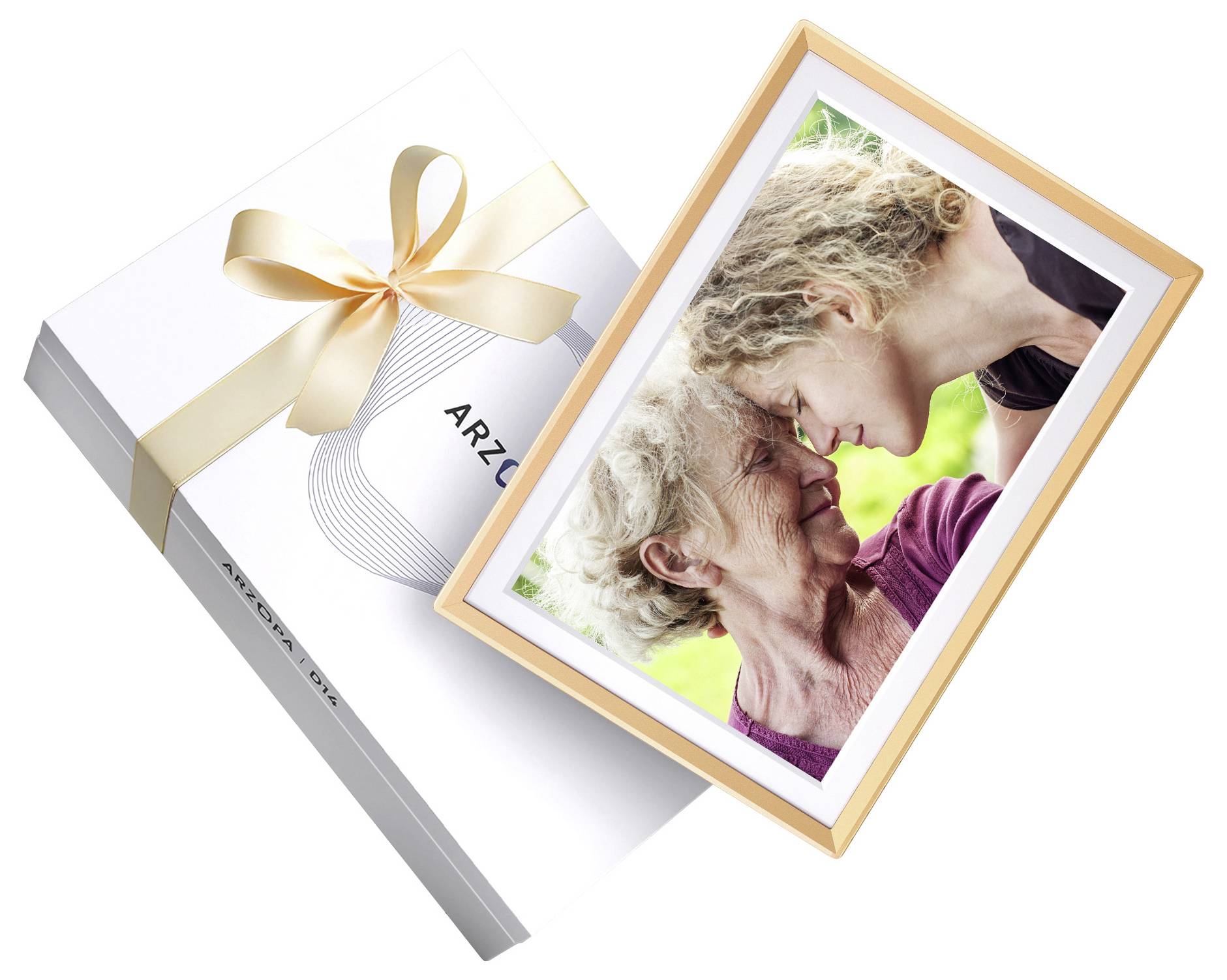 'A framed photo of two people touching foreheads, one younger and one older, next to a white gift box with a golden ribbon.'