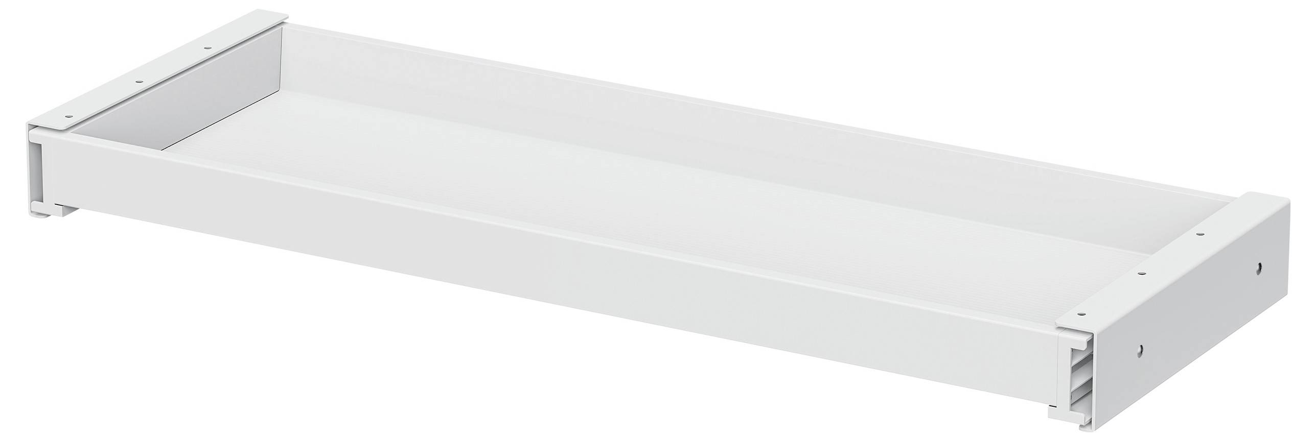 A white, rectangular metal shelf with closed ends and open sides, used for storage or organization.