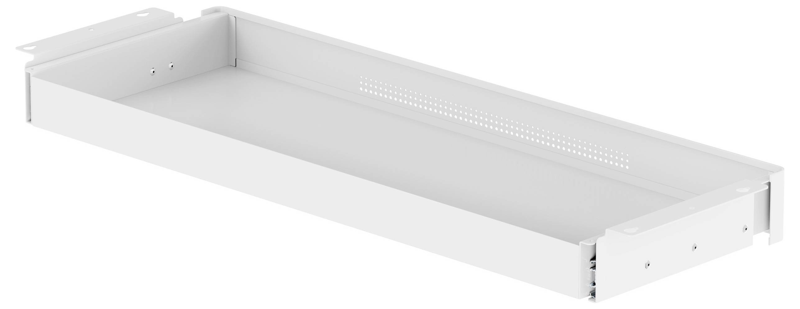 A metal tray with high sides, used for organizing or storing items, shown in a three-quarter view.