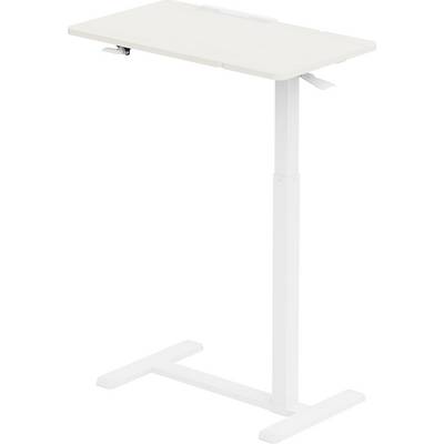 A white adjustable-height standing desk with a rectangular light wood surface, supported by a T-shaped metal frame and a lever for height adjustment.