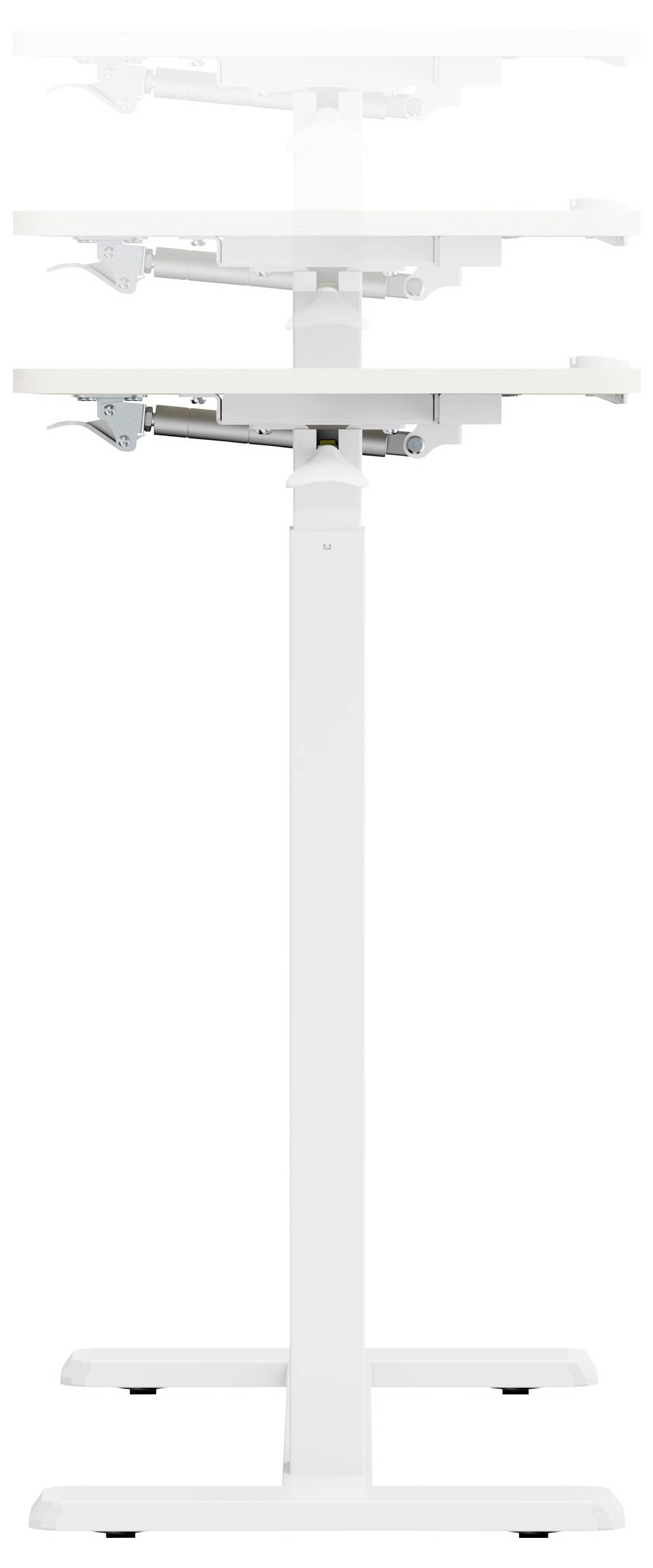 An adjustable white desk with three height settings, showcasing its ability to transform from a low to high position for standing use.