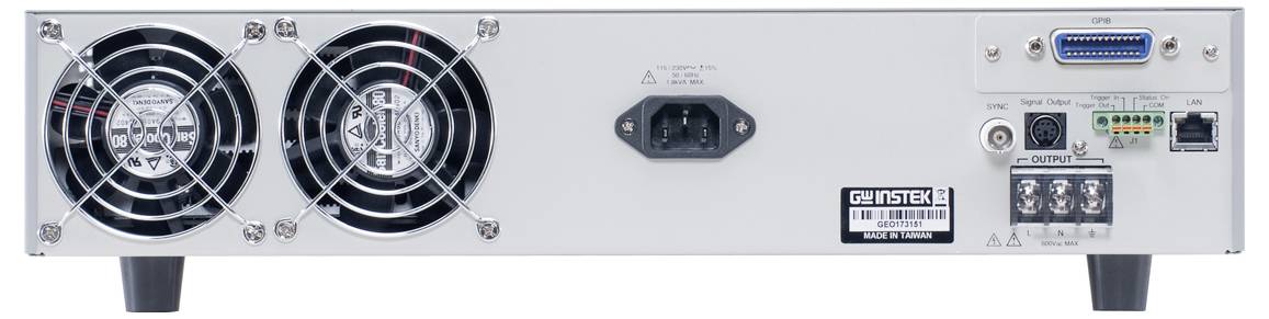 The image shows the rear panel of an electronic device featuring cooling fans, an AC power socket, multiple connection ports, and labeled terminals.