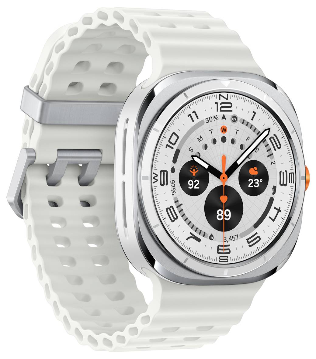 A sleek white smartwatch displaying time, heart rate, step count, and weather on its round face, featuring a perforated strap.