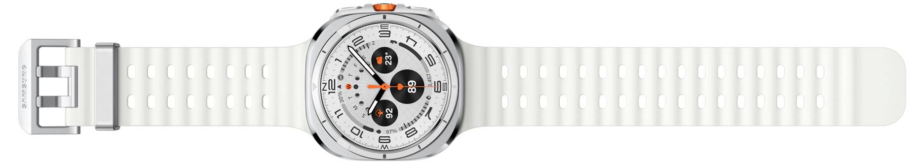A white smartwatch with a round face showing three small digital displays, an orange accent, and a textured strap.