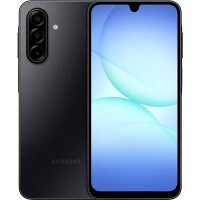 A black smartphone with a triple camera setup on the top left, featuring a large, illuminated screen displaying abstract blue circles.