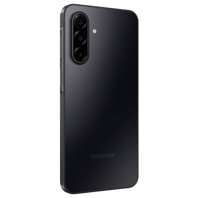 A sleek, black smartphone showcasing a triple-lens camera setup on the back, positioned on the left side.