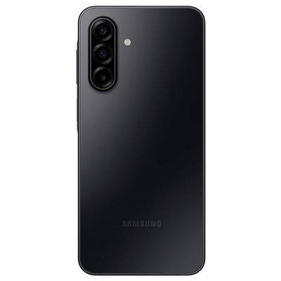 A black smartphone viewed from the back featuring a triple camera setup in the top-left corner and a subtle logo at the bottom.