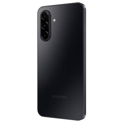 A sleek black smartphone with three rear cameras and a flash, positioned at the top left, showcasing a modern design.