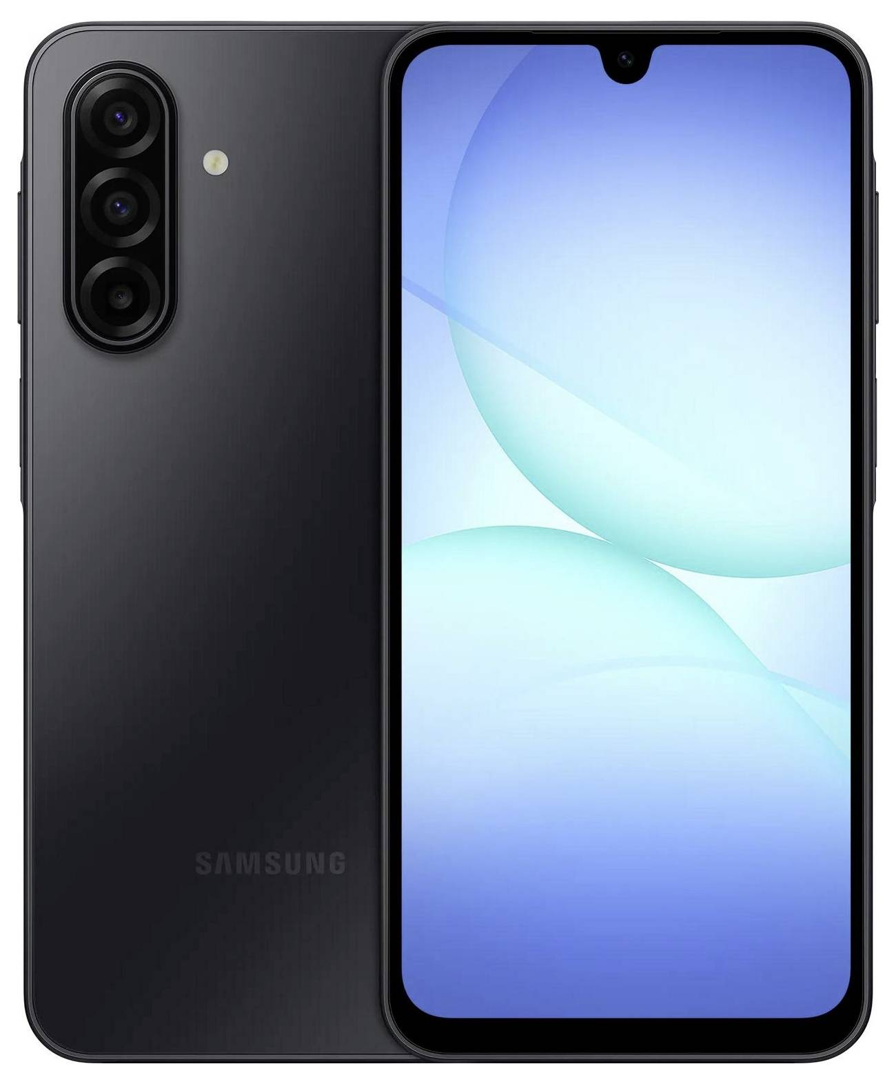 A black smartphone with a triple camera setup on the back and a front screen displaying a blue abstract wallpaper.