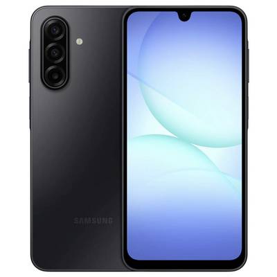A black smartphone with a triple camera setup on the back and a front screen displaying a blue abstract wallpaper.