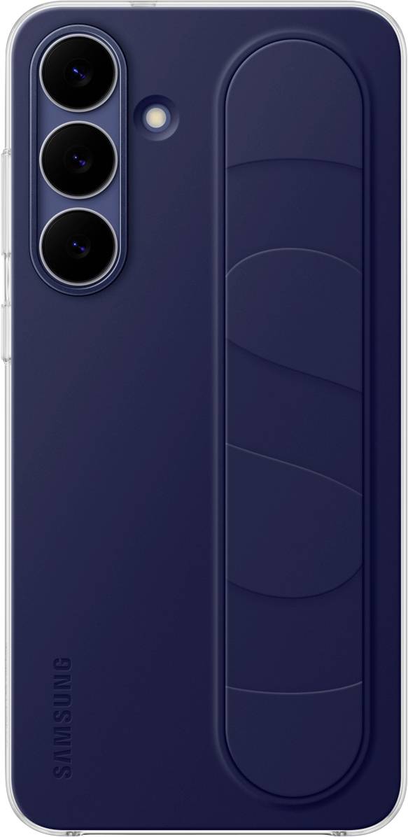 A navy blue smartphone case with a textured grip strip and three circular camera lenses lined vertically on the back.