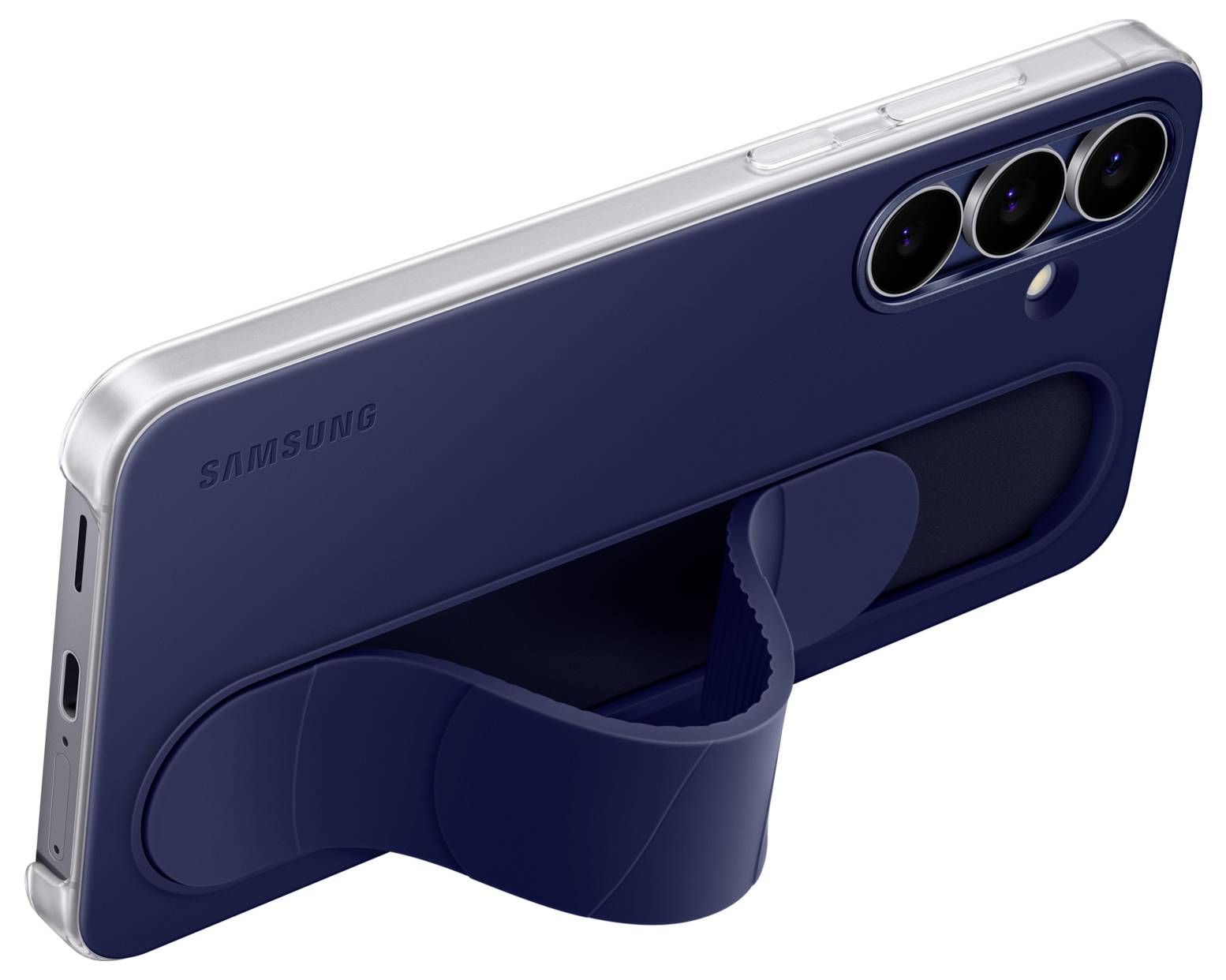 A smartphone with a blue case featuring an integrated stand holder, shown from an angled rear view, highlighting triple camera lenses.