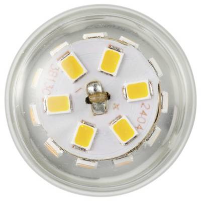 'Close-up of a circular LED light bulb with diodes visible in a symmetrical pattern on a white base, viewed from above.'