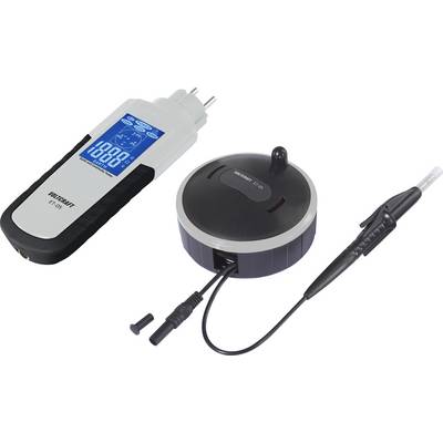 A handheld moisture meter with probe and a round remote sensor puck connected by cables, shown as a measurement kit.<br>