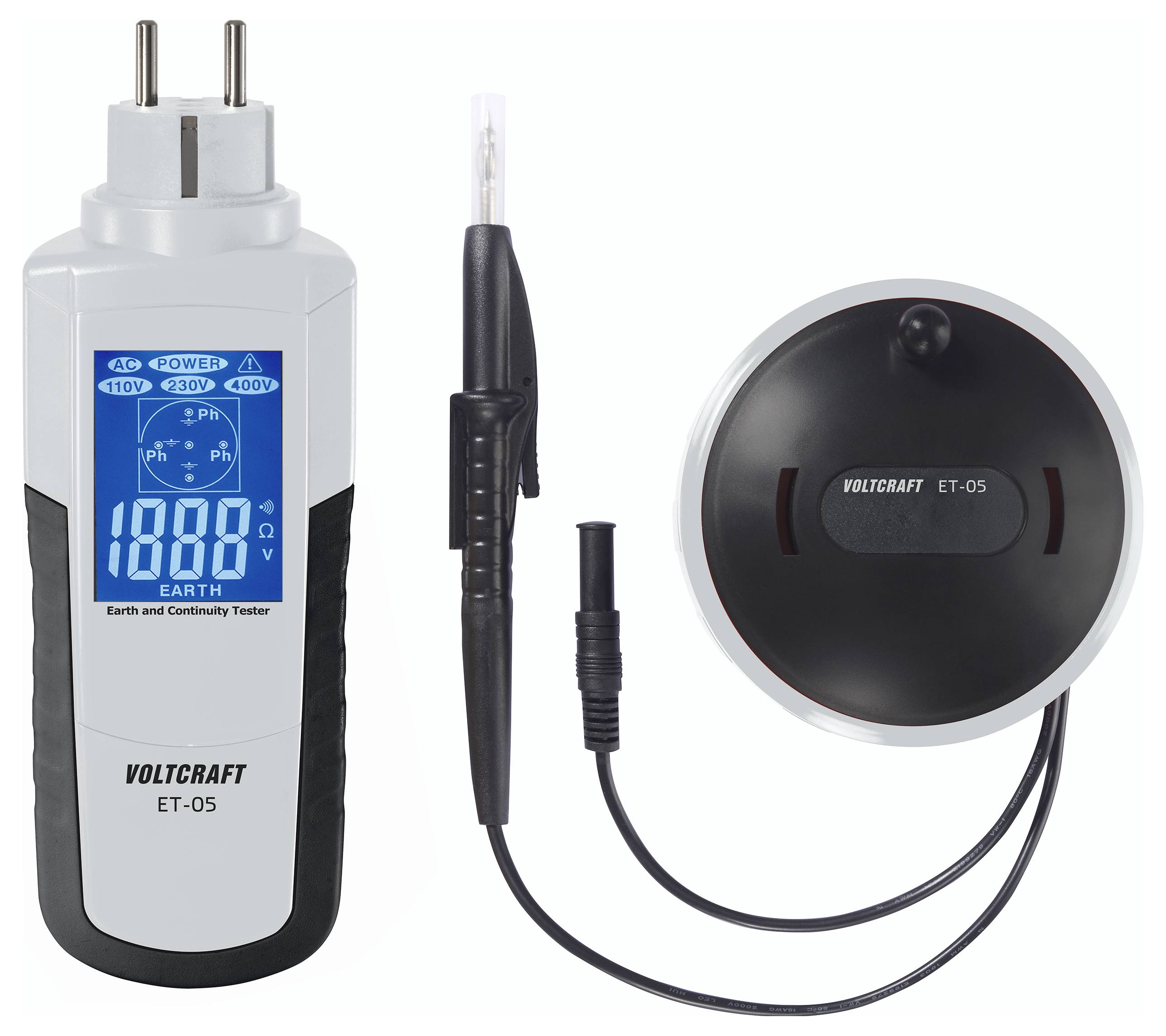 Voltage and earth continuity tester with plug-in meter, test probe, and round remote sensor labeled VOLTCRAFT ET-05.