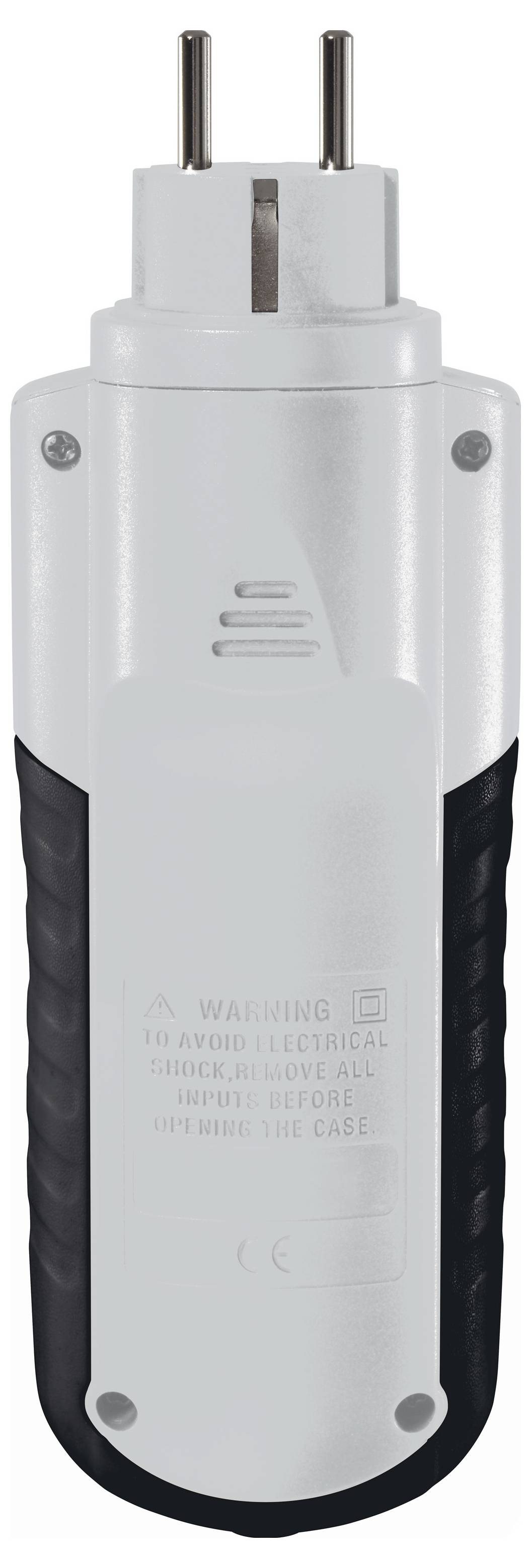 A handheld electrical device with a plug, featuring rubber grips and a warning label. Meant for pluggable connections and safety use.