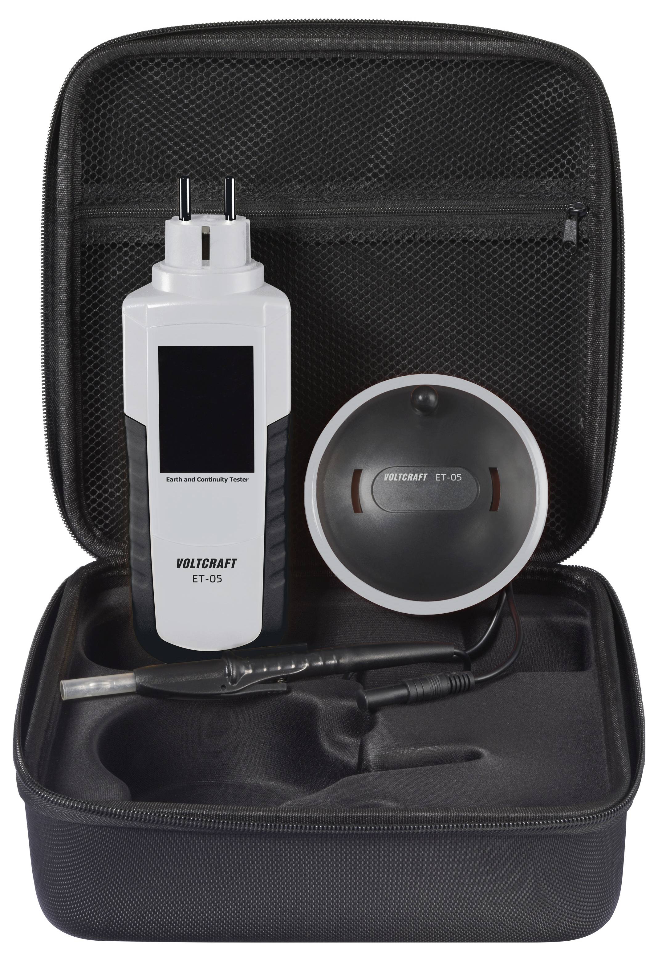 'Voltcraft ET-05' earth and continuity tester with case and probe, used for electrical circuit testing.