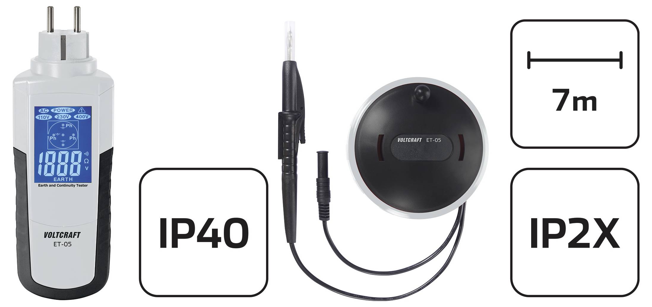 Voltcraft ET-05 digital meter with probe, 7 m cable, and IP40/IP2X protection ratings shown on a product image.