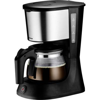 A black and silver coffee maker brews a pot of fresh, dark coffee. The machine has a glass carafe, visible water level indicator, and control buttons.
