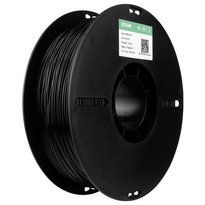 A black spool of 3D printer filament labeled 'eSUN' in PLA+ material. The label shows the diameter as 1.75 mm, with a weight of 1 kg.