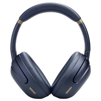 Navy blue over-ear headphones with a padded headband and gold accents, designed for comfort and high-quality audio experience.