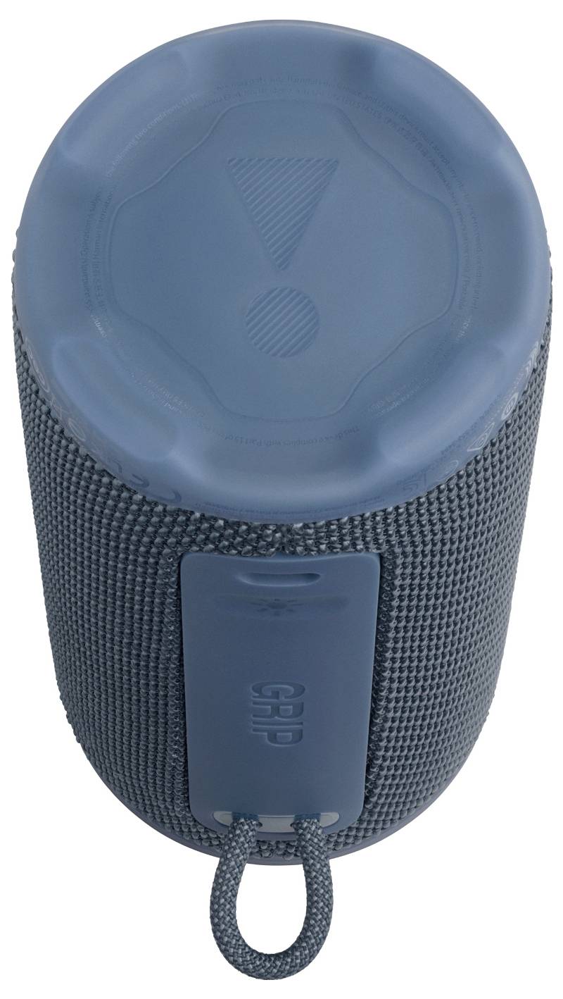 A portable, cylindrical Bluetooth speaker with a textured fabric cover and a blue rubberized top featuring an exclamation mark design.
