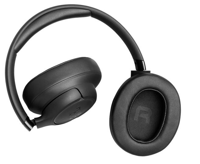 Black over-ear headphones shown at an angle, highlighting ear cushions and adjustable headband.
