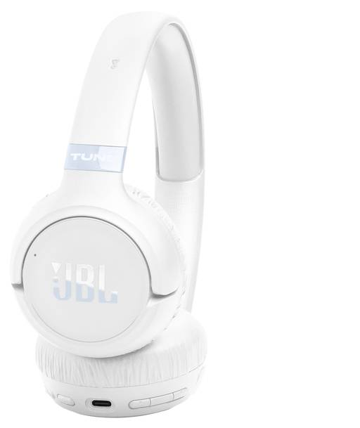 Over-ear white JBL headphones with brand logo, featuring cushioned ear pads and control buttons on the side for volume adjustments.