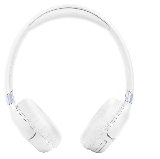 White over-ear headphones with a sleek design, viewed from the front.