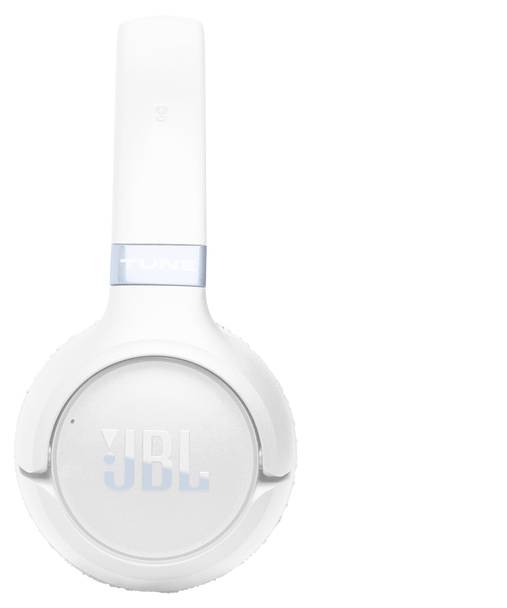 White JBL over-ear headphone with 'TUNE' on the headband, showcasing a minimalist design.