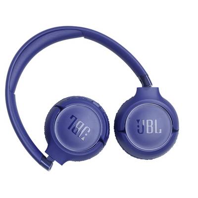 A pair of blue over-ear JBL headphones with a foldable headband design, showcasing the brand logo on each earcup.