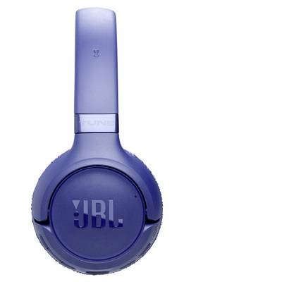Blue over-ear JBL Tune headphones with logo on the ear cup, showcasing a sleek design.