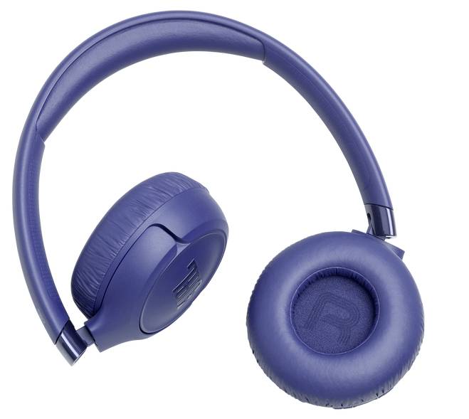 Blue over-ear headphones, one ear cup labeled 'R' for right side, set against a plain white background.