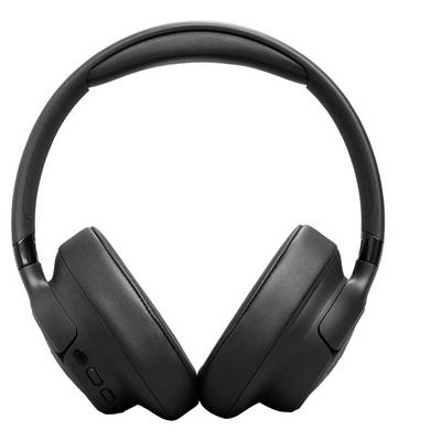 Black over-ear headphones with cushioned ear pads and buttons on the left side for volume and playback controls.