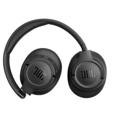 Black JBL wireless over-ear headphones with padded ear cups, folded flat.
