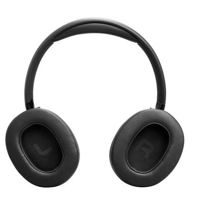 Black over-ear headphones with cushioned ear pads, shown facing forward to display the left and right indicators inside each earpiece.