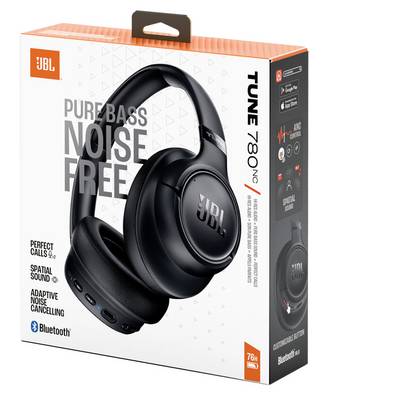 'JBL Tune 780NC' wireless headphones packaging, featuring 'Pure Bass, Noise Free' slogan. Highlights noise cancelling, spatial sound, and Bluetooth features.