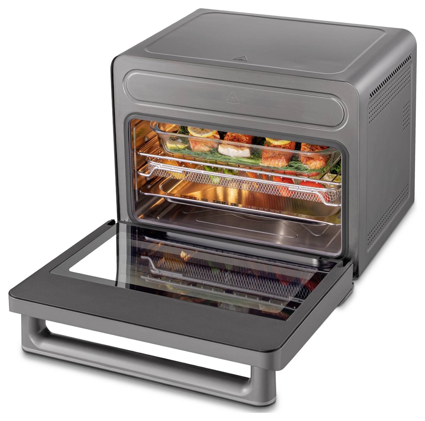 An open air fryer oven with food cooking on a rack inside, including various vegetables and skewers, illustrates usage and capacity.