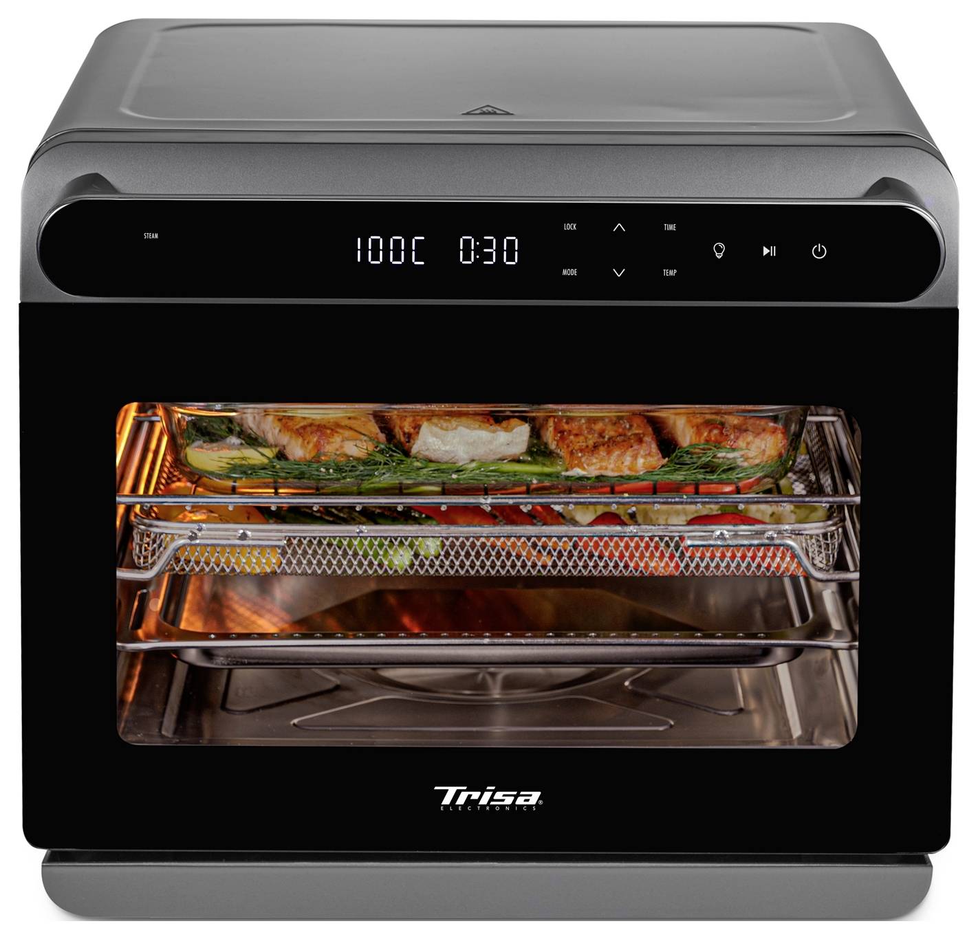 A digital air fryer oven with LED display showing '100C' and '0:30'. Inside, trays with roasted vegetables and meat are visible.