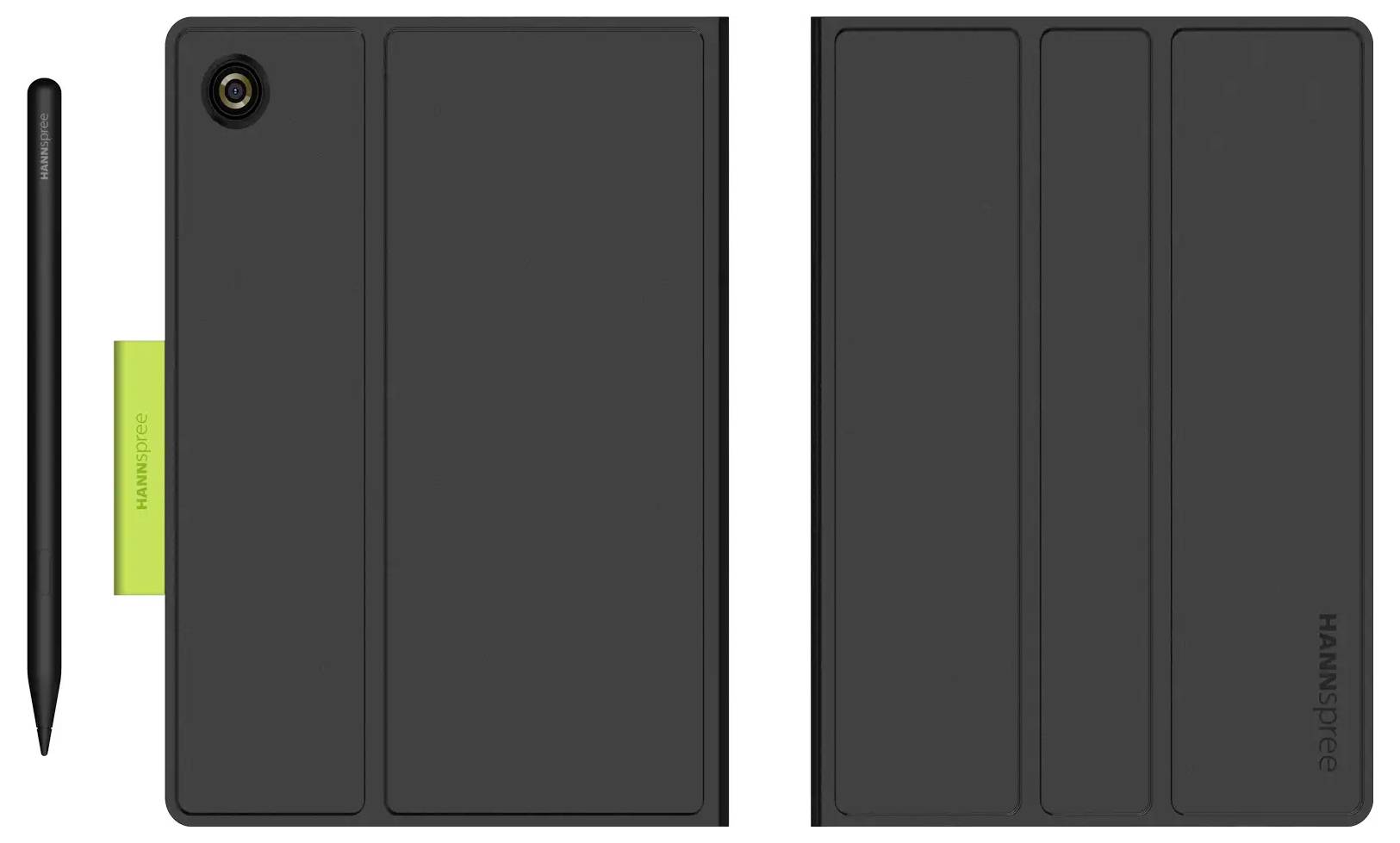 A black tablet case with a camera cutout and a foldable cover shown alongside a stylus.