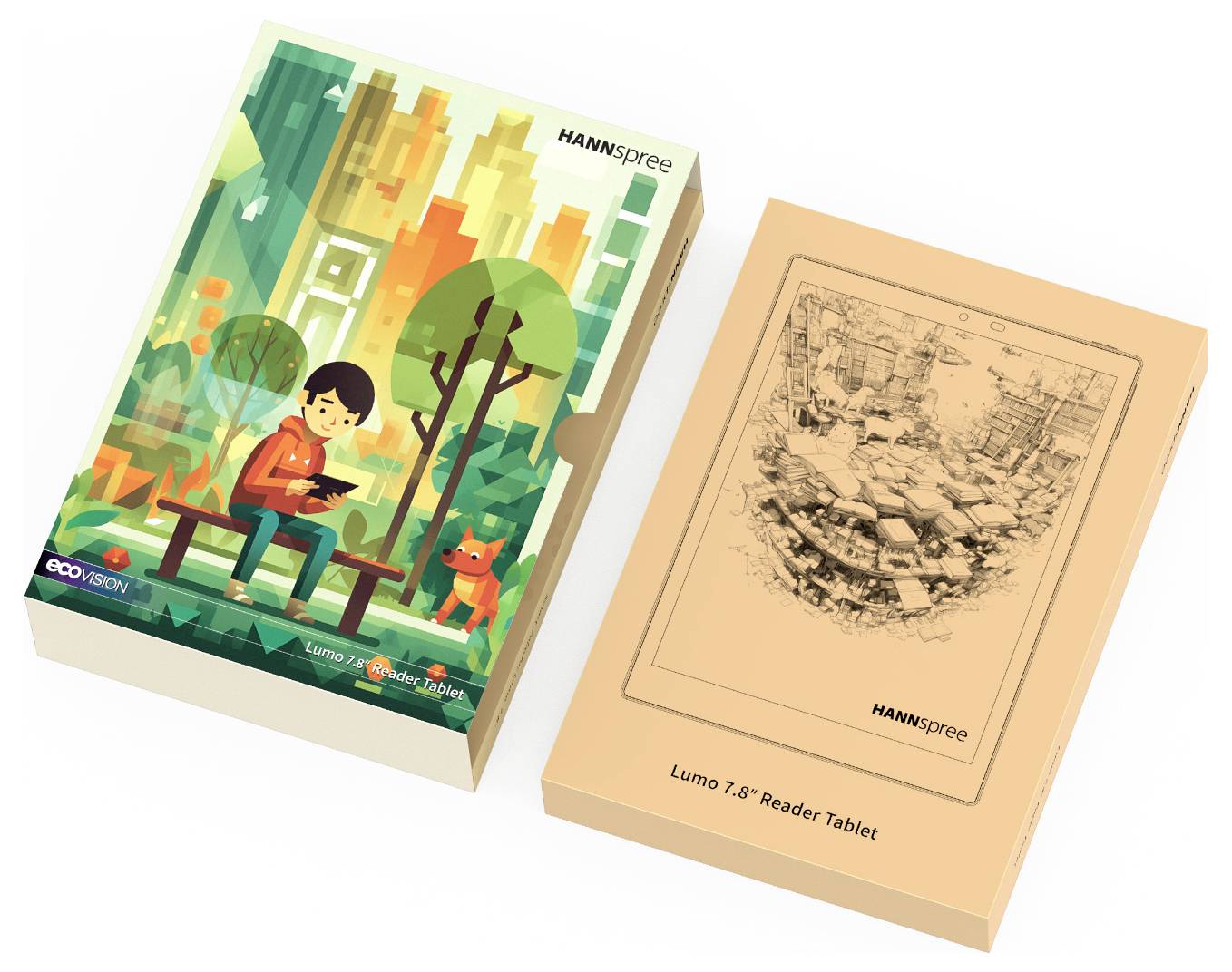 'Lumo 7.8 Reader Tablet' packaging shows a vibrant illustration of a child reading on a bench with a cat, set in a city park.