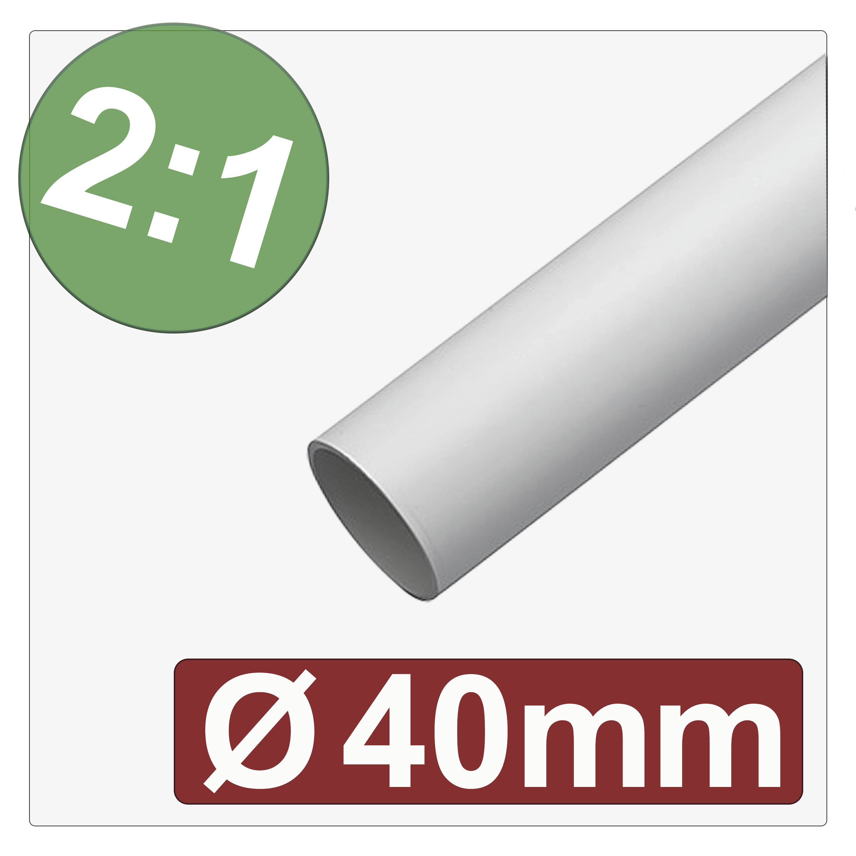 A white cylindrical pipe with a diameter of 40mm is shown. A green circle with '2:1' is displayed in the top left corner.