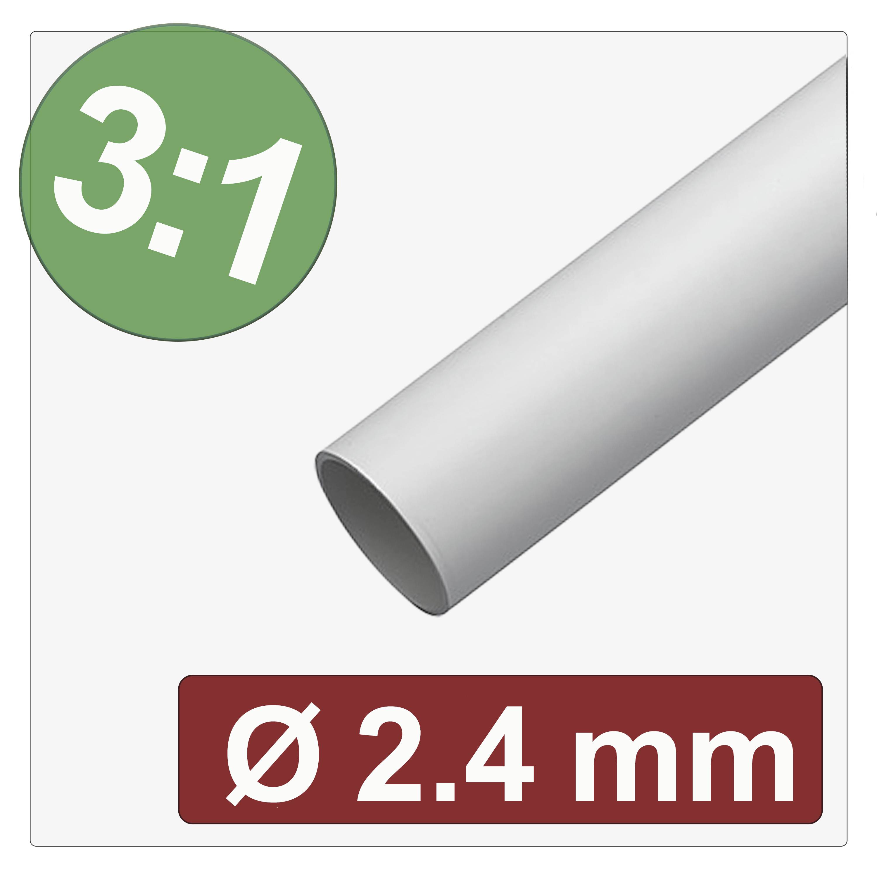 'A white cylindrical object labeled with a 3:1 shrink ratio and a diameter of 2.4 mm.'