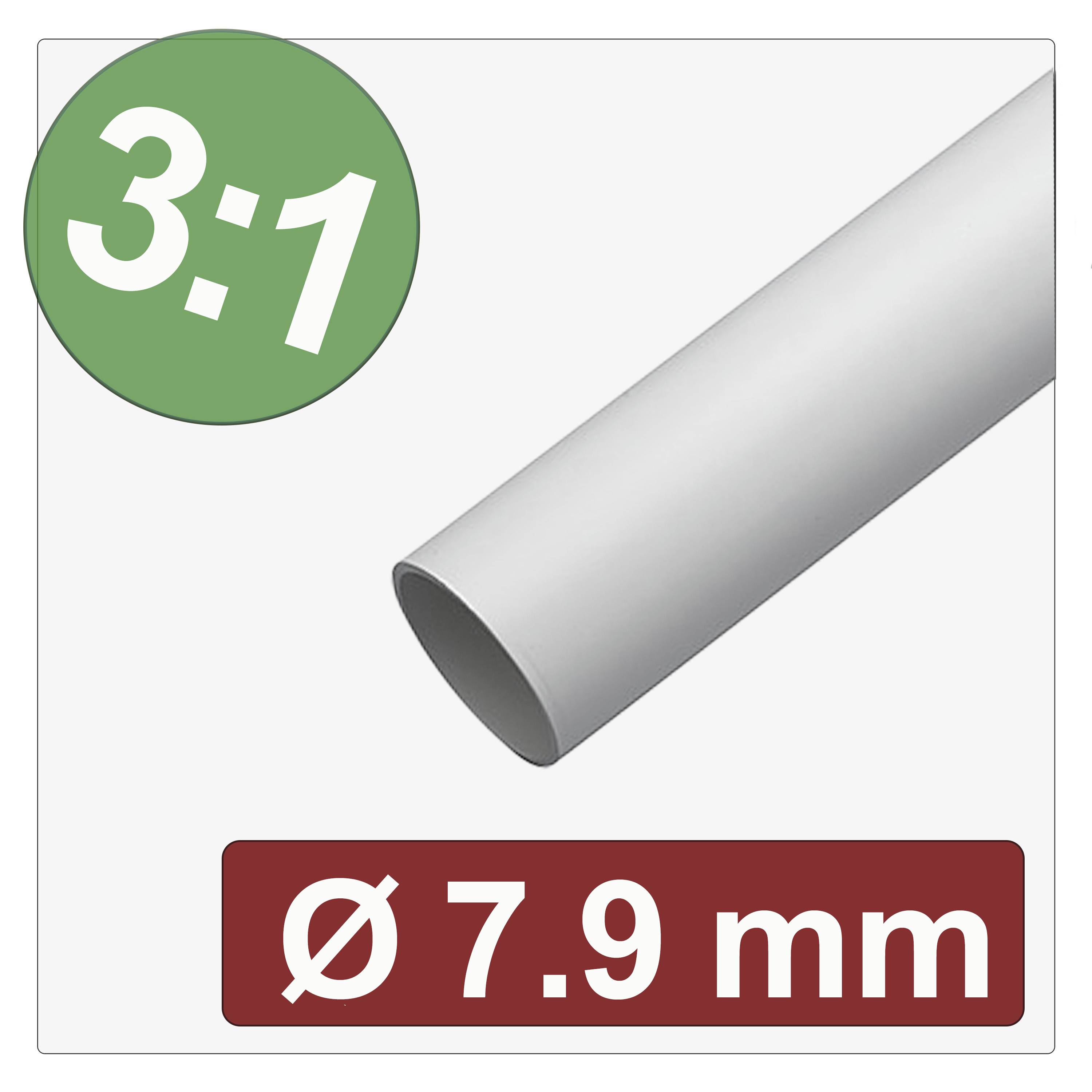 A gray cylindrical tube marked with '3:1' in a green circle indicates shrinkage ratio, and 'Ø 7.9 mm' in a maroon box specifies diameter.