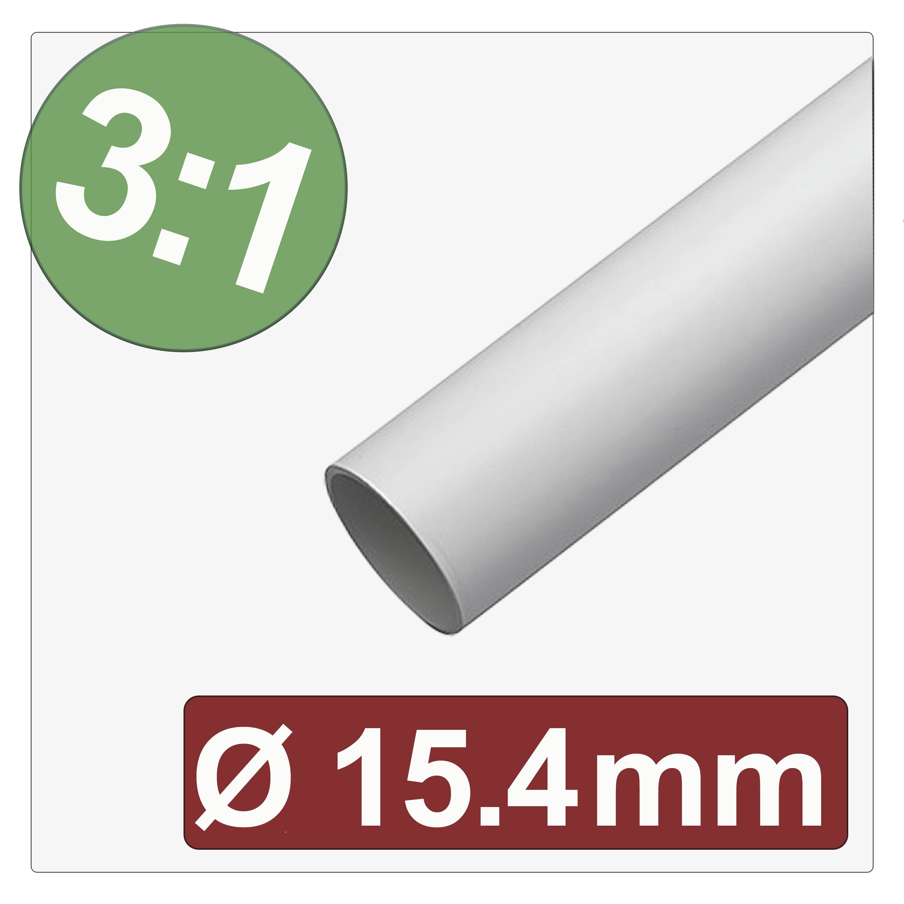 A gray cylindrical object labeled 'Ø 15.4mm' with a green circle showing '3:1' ratio for size comparison.